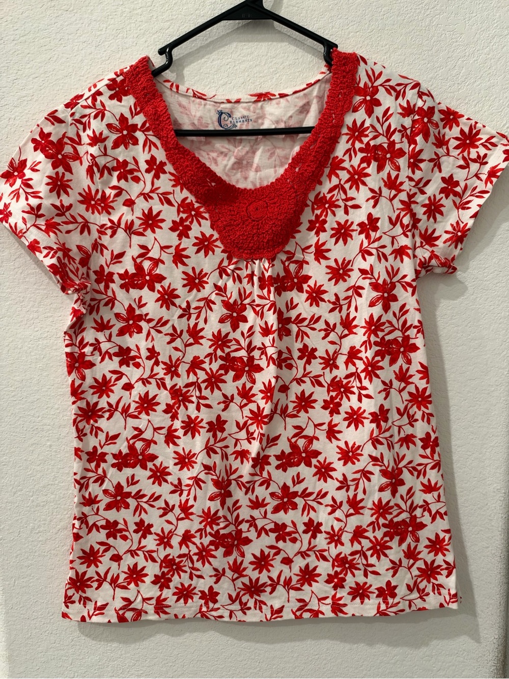 Classic Elements Red & White Floral Crochet-Neck Short Sleeve Top